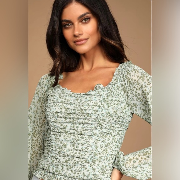 Lulus Sweet Optimism Dusty Sage Floral Print Ruched Long Sleeve Top Size Large - Picture 1 of 8